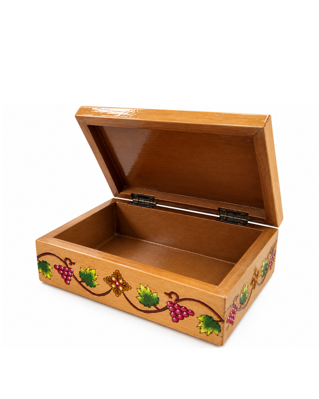 Open wooden incense box showing the interior
