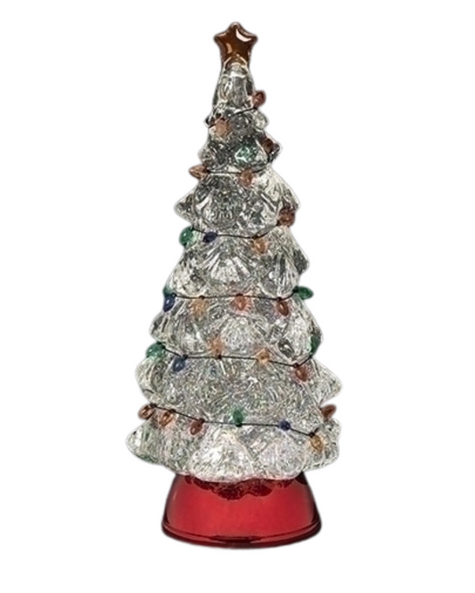 LIGHTED SWIRL TREE WITH STRING BULBS AND RED BASE