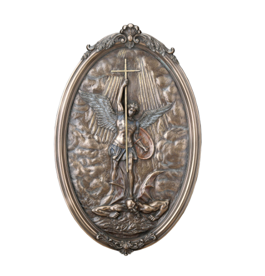 Saint Michael Tramples Demon Holding Crucifix Oval Wall Plaque