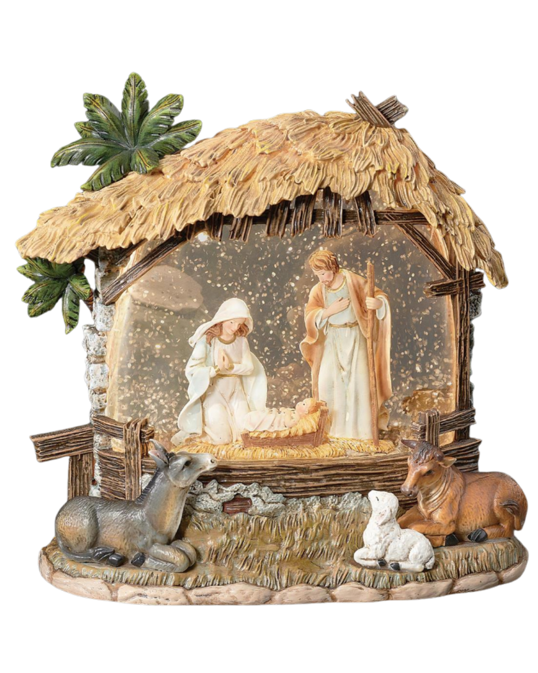 Lighted Swirl Holy Family Stable with animals outside