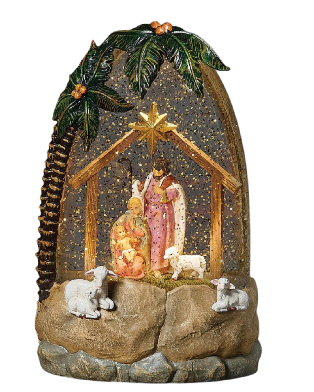 Lighted Swirl Palm Tree with Holy Family