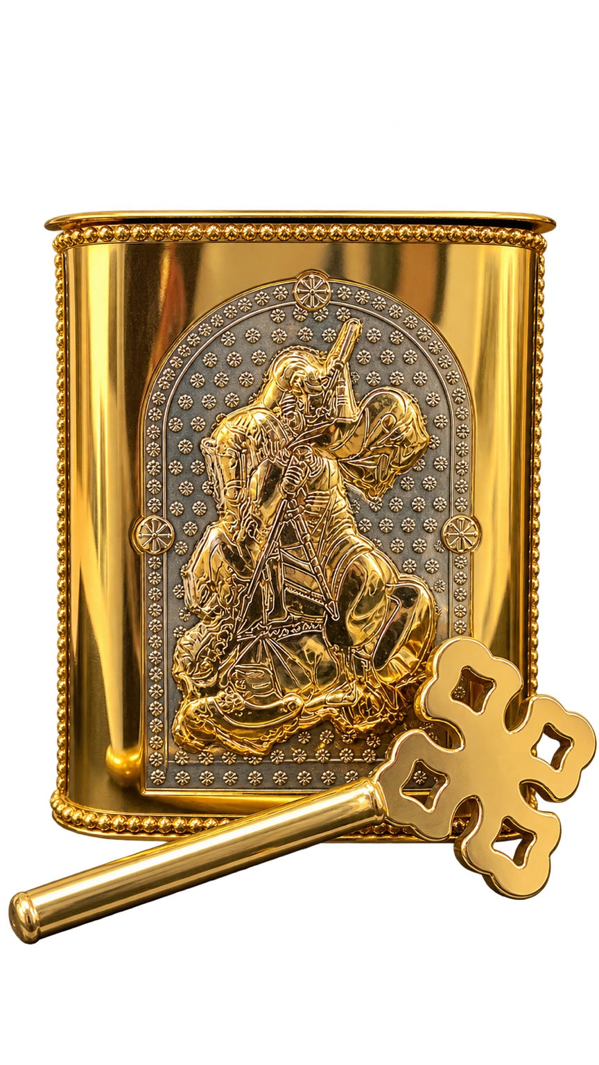 Coptic holy water vessel with Saint George and cross sprinkler
