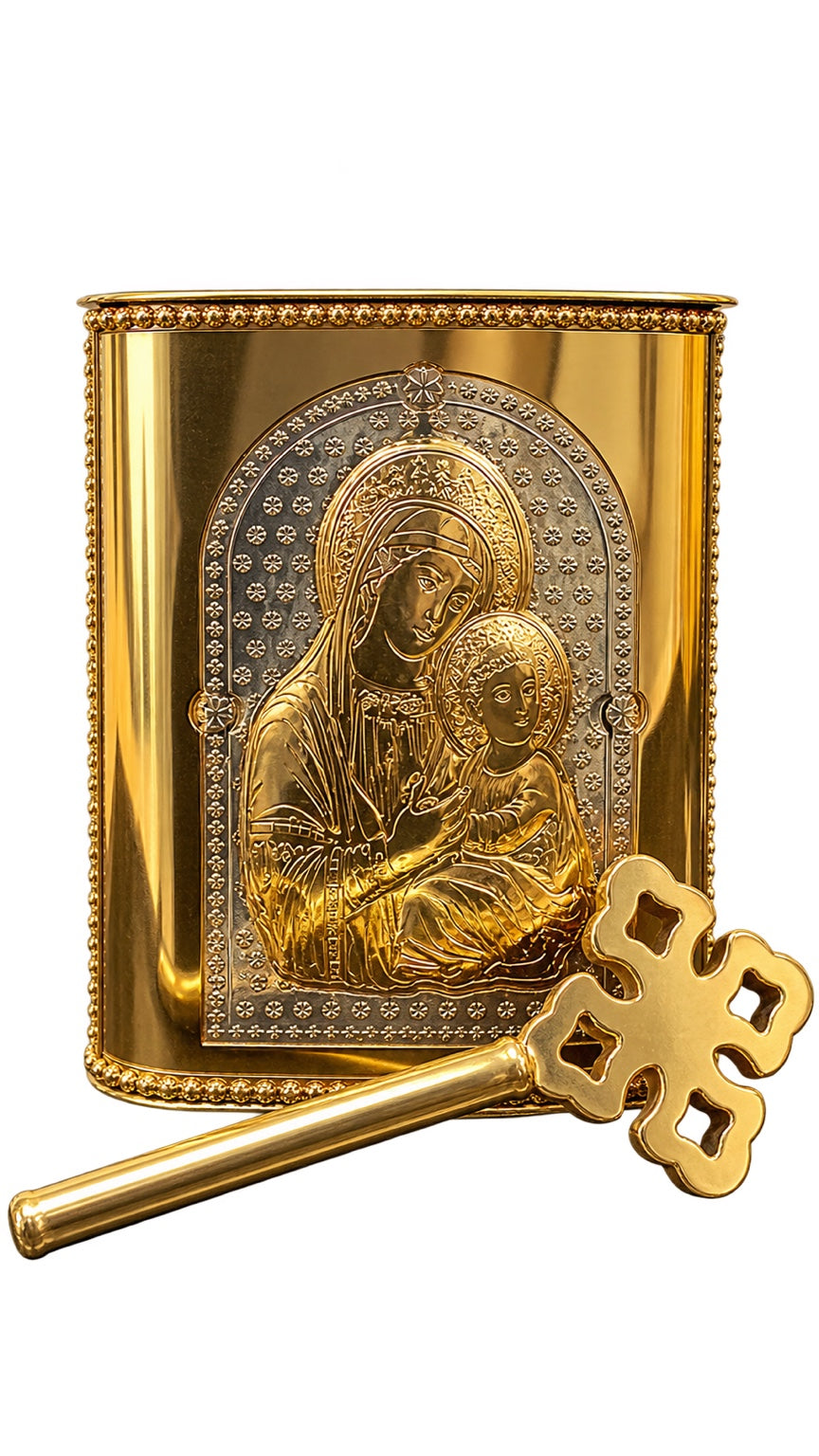 Shared reverse side of both holy water vessel variants featuring Saint Mary and the Christ Child
