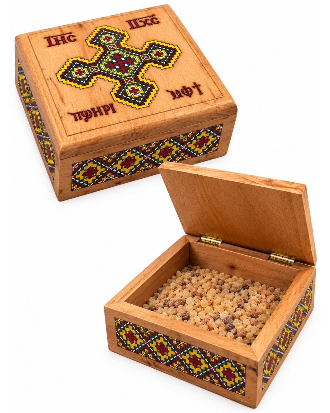 Coptic wooden incense box with red cross design