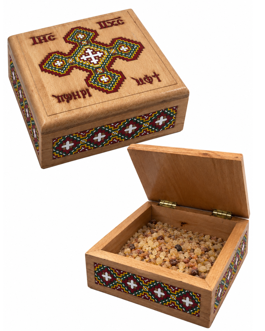 Coptic wooden incense box with white cross design