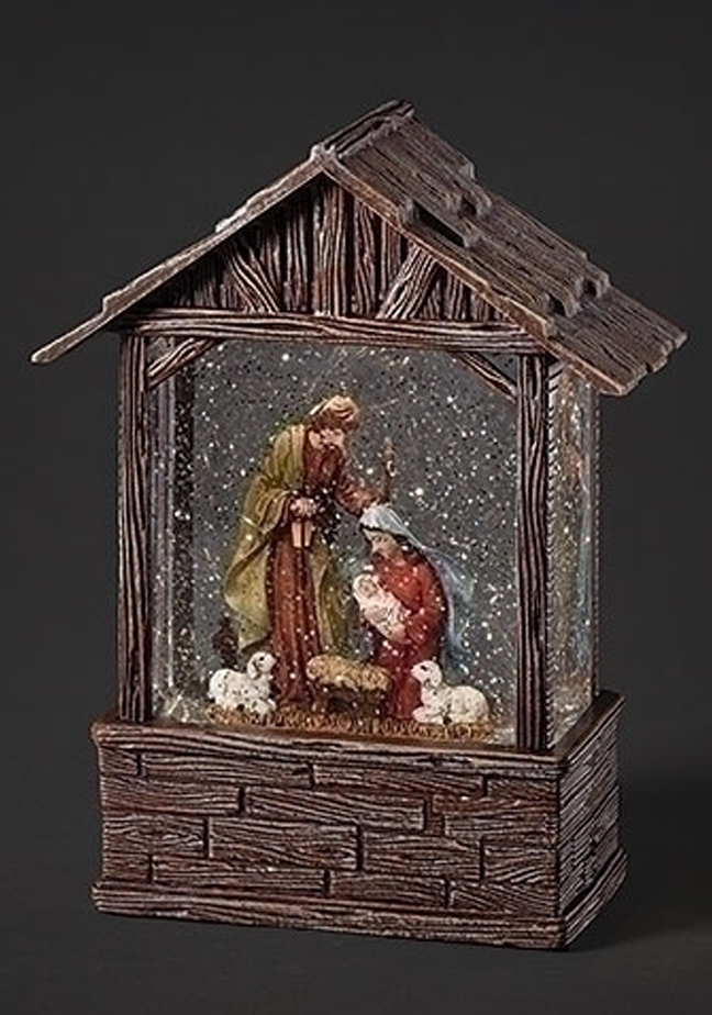 LED SWIRL WOOD STABLE W/ HOLY FAMILY