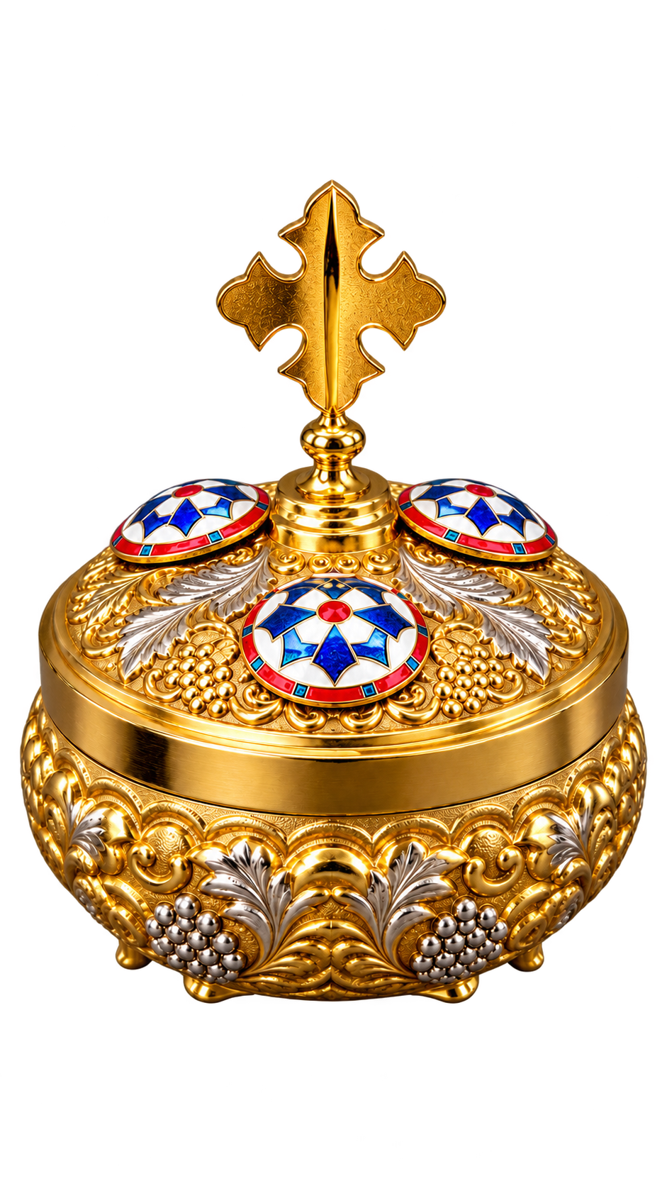 Gold incense box with cross, closed view