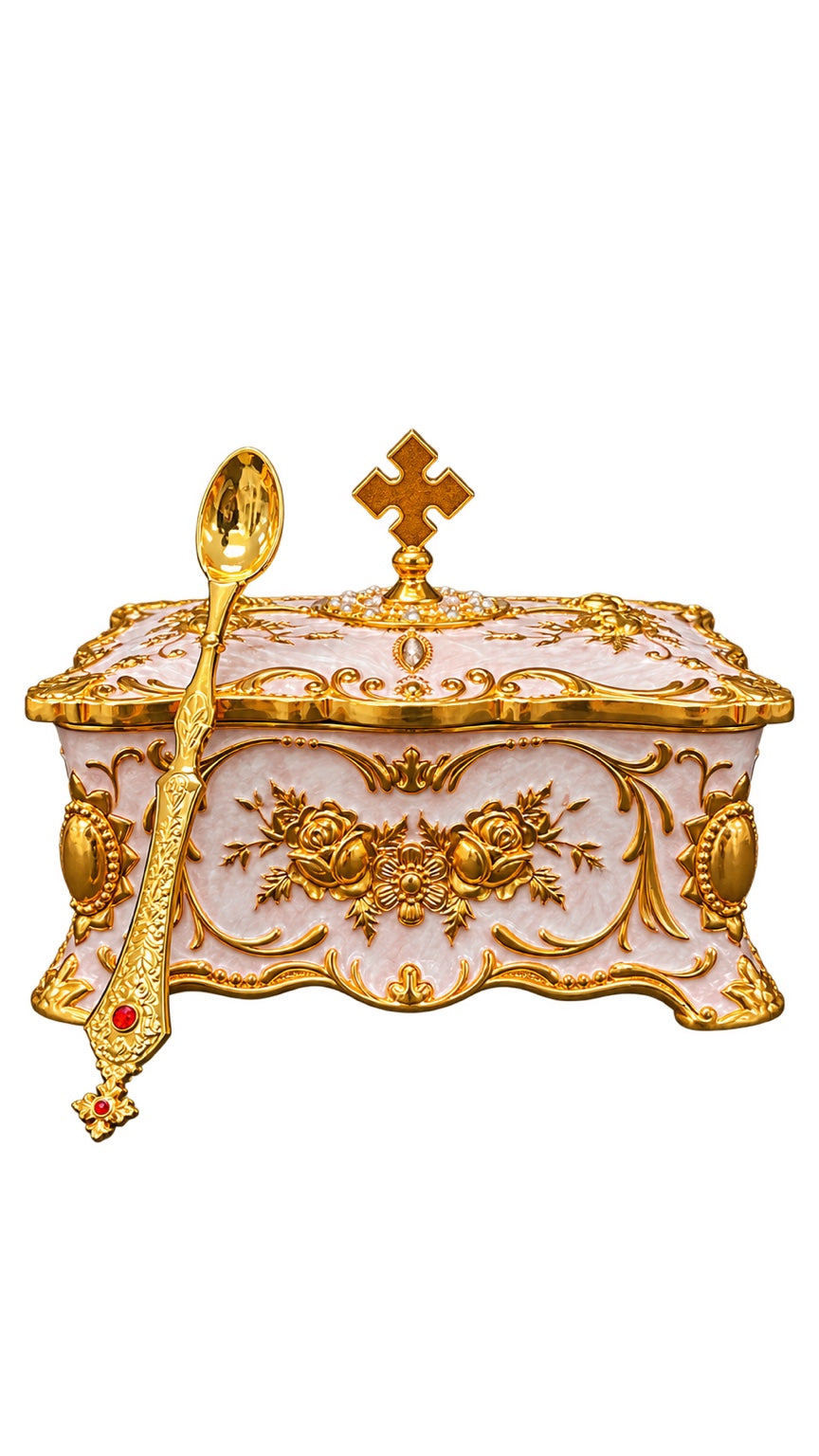 Gold incense box with matching incense spoon