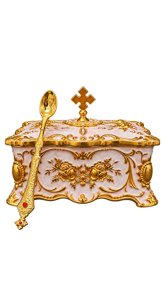 Gold incense box with matching incense spoon