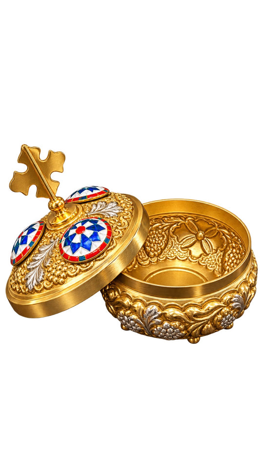 Gold incense box with cross, open view