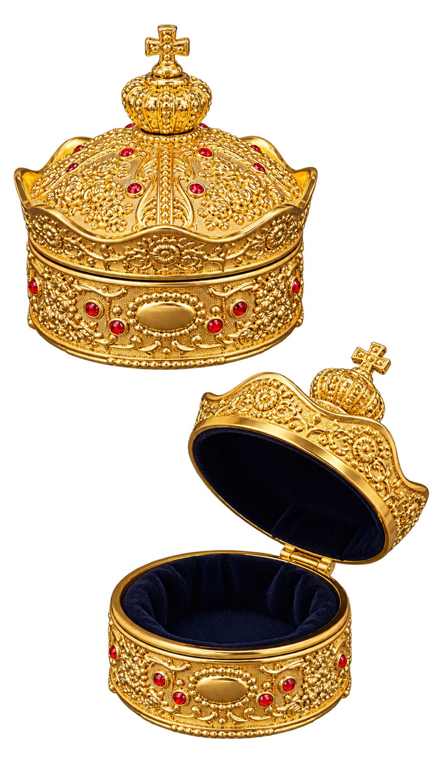 Small gold incense box shown closed and open