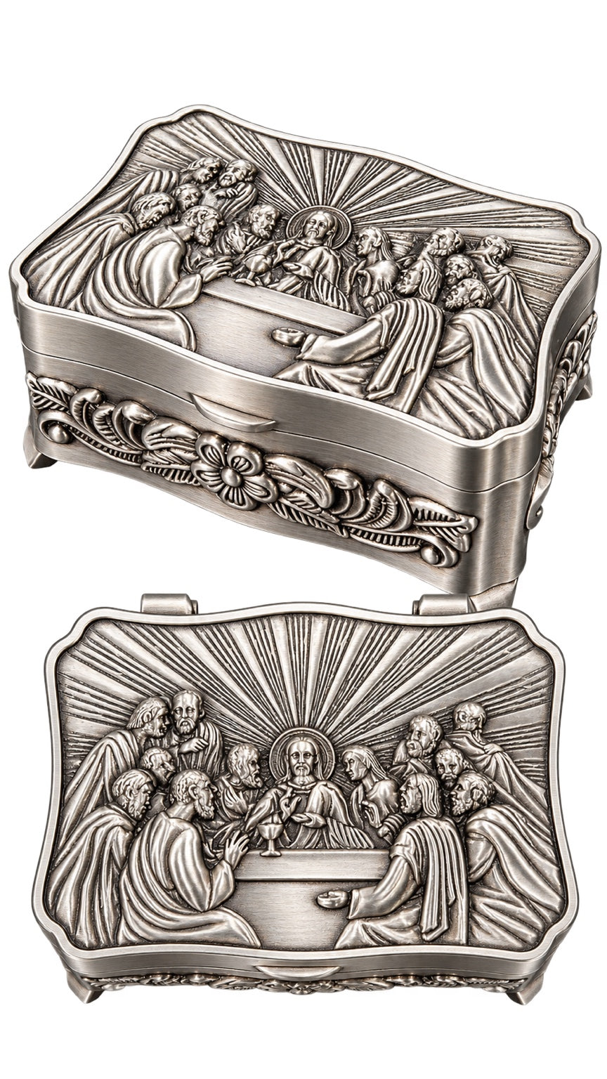 Small silver-tone Last Supper incense box shown from two angles