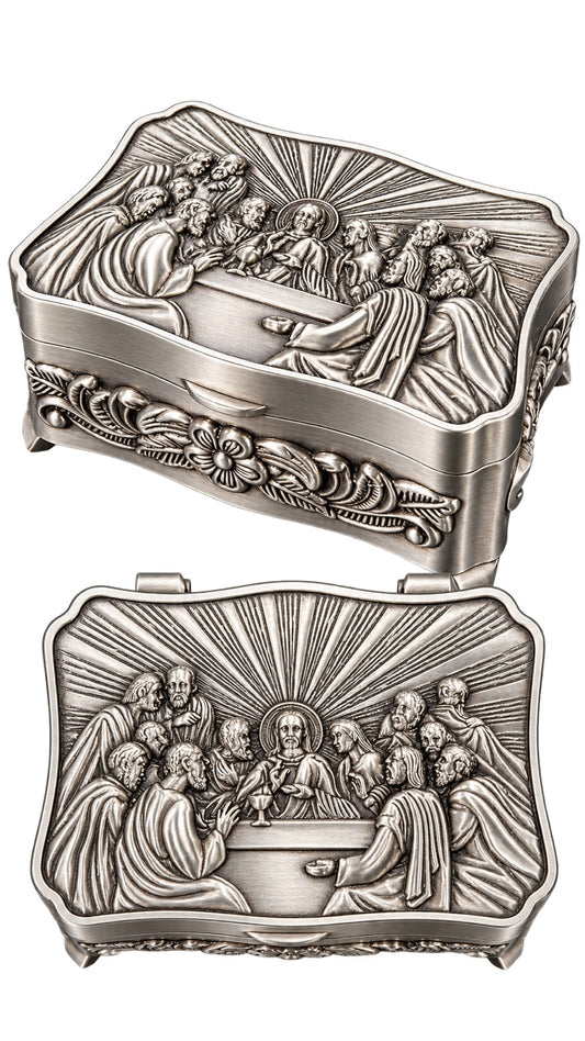 Small silver-tone Last Supper incense box shown from two angles